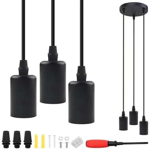 BlueXP Lampadario a Sospensione 3 Luci Stile Industriale Lampada Pendente Nera Vintage con Attacco E27 in Ceramica Altezza Regolabile per Cucina Soggiorno Sala da Pranzo
