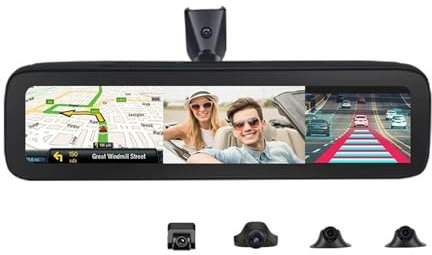 4 Kameras, 4 Kanäle, Rekorder, 12 Zoll IPS-Touch-Rückspiegel, 2 + 32-Zoll-Auto-DVR-Kamera und 8.1 GPS, 4K HD1080P Dashcam-Videorekorder(64G)