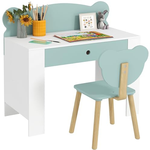 AIYAPLAY Juego de Escritorio para niños con Silla, Mesa de Estudio con cajón, Respaldo en Forma de Osito de Peluche, de 3 a 8 años, Verde