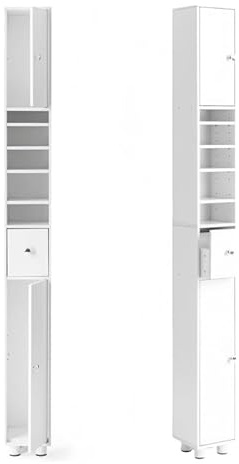 ZECIIYE Badezimmerschrank Schmal,Badschrank Schmal Weiß,Badhochschrank,Badmöbel Für Kleine Bäder mit 2 Türen,1 Schublade und verstellbaren Ablagen,MDF,20X20X180 cm