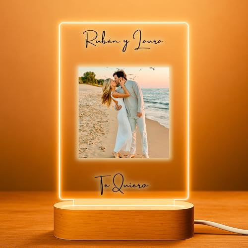 Cristal Plaque Lampara Personalizada Vertical con Nombres – Regalo Pareja Hombre con 1 Foto y Texto – Metacrilato con Luz LED – Ideal para Aniversario