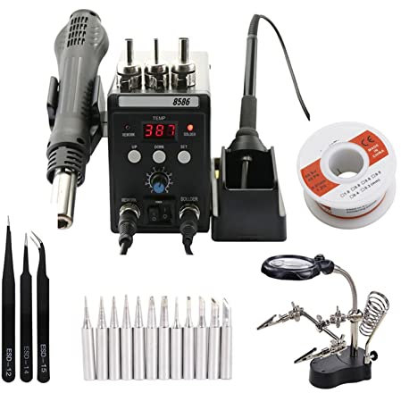 BINGNU Station de soudage, 8586 Station de soudage Température d'affichage numérique Réglable 2 en 1 Gun à air Chaud Souder de soudage en Fer Réparation pour la retouche et Le dessoudage(Set-4)