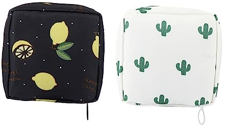 TOVINANNA Bolsa para Toallas Sanitarias 2 Piezas Tamaño Medio Beige Cactus y Negro Limón Almacenamiento Portátil para Uso Diario