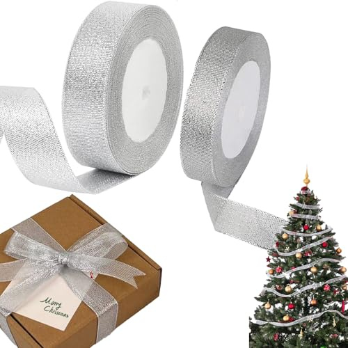 2 Rollen Silber Geschenkband Glitzer, 22m Schleifenband Hochzeit, Satinband zum Bastel, Organzaband, Schleifenband Weihnachten, Seidenband für Hochzeit, Weihnachten,1cm und 2.5cm Breit