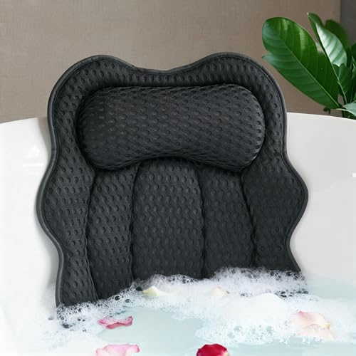 Joeyset Luxury Bathtub Pillow, 4D Air Mesh Fabric for Breathability & Quick-Drying, Extra Thick Spa Cushion for Head, Neck, Back Support, Non-Slip Tub Pillow with Strong Suction Cups (Black)