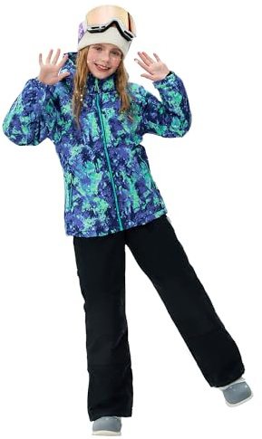 SMONTY Girls Boys Ski Suit Kids Snowsuits Waterproof Snowboard Elastic Hood Jacket with Bib Pants, Windproof Winter Warmth(6-7 Years,KALEIDOSC BLUE)
