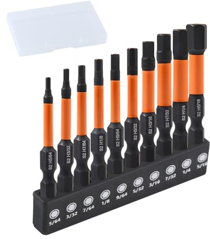 LEONTOOL Impact Hex Head Allen Wrench Drill Bit Set, 10 Pcs SAE(5/64 - 5/16) Magnetic Allen Key Drill Bit Sets, 1/4 Hex-Shank S2 Steel 2 Screwdriver Bits for DIY Furniture Assembly & Car Repairs
