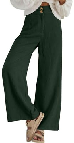 Pantalones de Pana para Mujer Casuales de Cintura Alta con Doble Botón Elásticos Pantalones de Pana de Otoño Invierno Ajuste Holgado Pierna Ancha Pantalones de Pana Cómodos Palazzo con Bolsillos