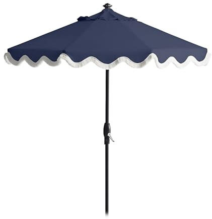 Parasol de terrasse bleu de 2,1 m avec franges festonnées, parasol de marché en aluminium de 2,7 m avec manivelle et design ventilé pour terrasse, piscine, jardin, cour