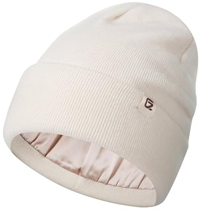 GADIEMKENSD Stickad satinfodrad mössa, ullblandning, värme, antistatisk, anti-plysch, skonsam hårvård, unisex, Beige färg, 54/59 cm