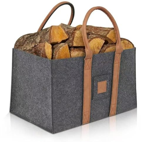 Fyrkantig vedkorg, extra tjockt filtmaterial, 50 x 30 x 31 cm, vedbärare, hopfällbar korg, med handtag, vikbar design, för shopping och trä