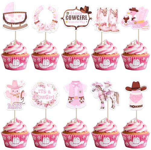 40 Pack Cowgirl Cupcake Toppers HorseShoe Hat and Boot Cupcake Picks Cactus Bandana Disco Cake Decorations for Western Cowgirl Theme Baby Shower Kids Birthday Lets Go Girls Party Supplies