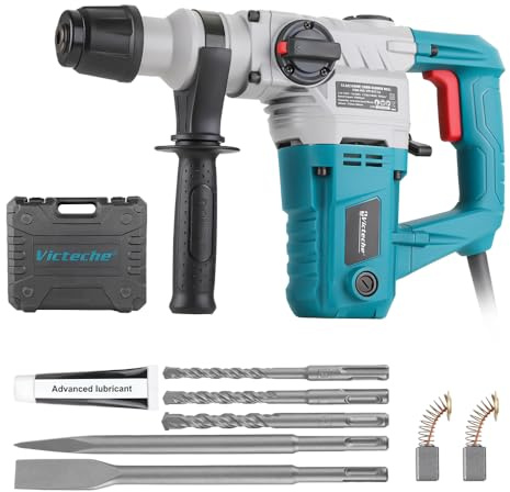 Victeche 1-1/8-Inch SDS-Plus Rotary Hammer Drill - 13.5A 3 Funtions Heavy Duty Demolition Hammer for Concrete Drilling with Drill Bit, Chisel and Carrying Case
