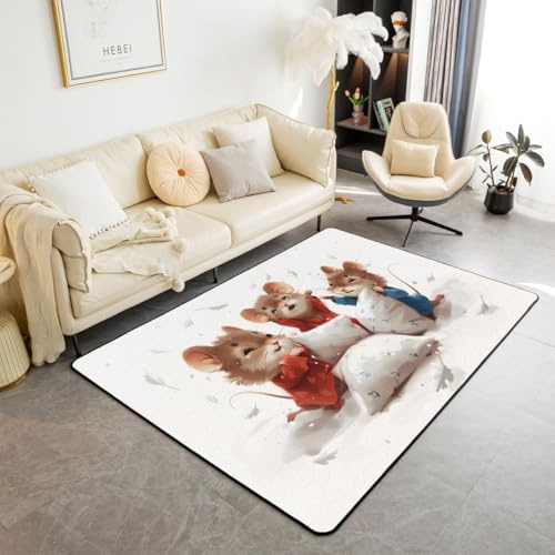 Cute Mouse Decorative Carpet Area Rug,Kawaii Mice Funny Rodents Living Room Rugs for Bedroom Cartoon Animal Area Rug Beige Carpet Kitchen,5x6'6''