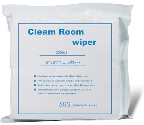 Szxtdzsw Industrial Cleanroom Cloth Wipes 9x9 (Bag of 200 Pcs) Double Knit 100% Polyester Wipers Lint Free Cloths with Ultra-fine Filaments, Class 100 Cloths, Ultra-Soft Wipes CP14009