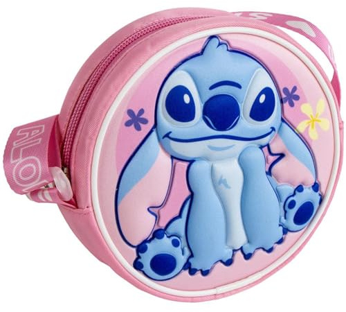 Bolso Stitch Niño Disney - Bolso bandolera redondo rosa con cierre de cremallera y correa ajustable para niña