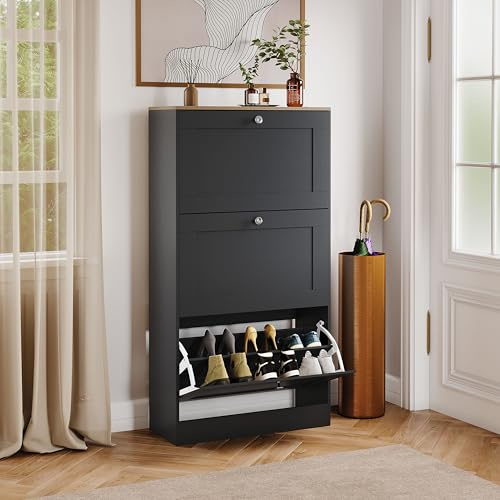 Vida Designs Altino 3 Drawer Shoe Cabinet | Black & Oak | Space-Saving Storage for 15+ Pairs | 117H x 58W x 23.5D cm | Anti-Tip | Modern Hallway Unit