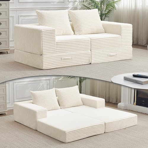 Vamcheer Sofa Cama 2 Plazas - Sofa Bed Armchair y 2 Almohadas, Sofá Modular, Sofá Cama Matrimonial Chaise Longue 180cm, No Requiere Montaje para Dormitorio Sala de Estar Oficina, Beige