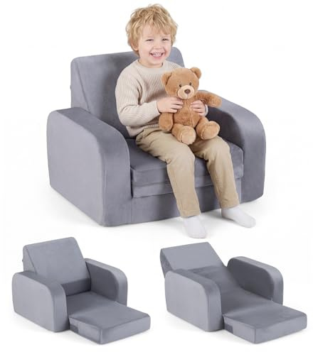 COSTWAY 3 en 1 Sofá Plegable para Niños, Sofá Cama Convertible con Terciopelo Cristal Ultra Suave y Funda Elástica, Desmontable y Lavable a Máquina, Sillón para Niños para Sala de Juegos y Guardería