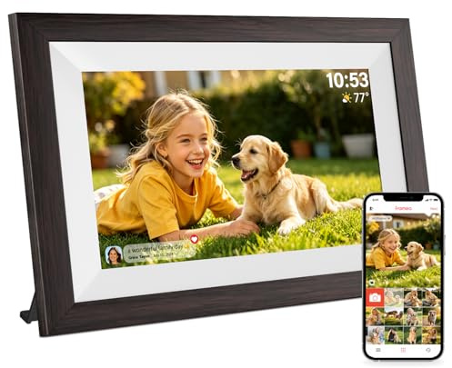 Digitaler Bilderrahmen WLAN, Fotorahmen Elektronisch 10,1 Zoll Digitales Fotoalbum mit APP, HD IPS Touchscreen, Automatische Drehung, Wandmontage Möglich, Geschenke für Frauen Männer, Holzfarbe