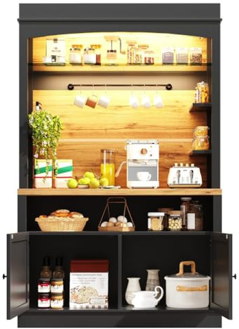 QQJIN Küchenbuffet mit App-Led & Kippschutz, 107x43x184cm Buffetschrank, Schwarz Küchenschrank mit arbeitsplatte, Aufhängeleiste, 2 Türen für Küche Oder Wohnzimmer,Schwarz,B