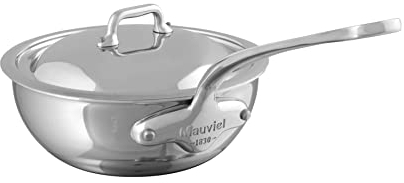 Mauviel M'Cook 5-Ply Polished Stainless Steel Splayed Curved Saute Pan with Lid, and Cast Stainless Steel Handle, 2.1-qt, Made in France