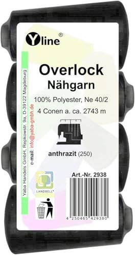 4 bobine Overlock – Filo da cucito, antracite – grigio, ca. 2743 m, NE 40/2, 100% poliestere, filo per macchina da cucire, 2938