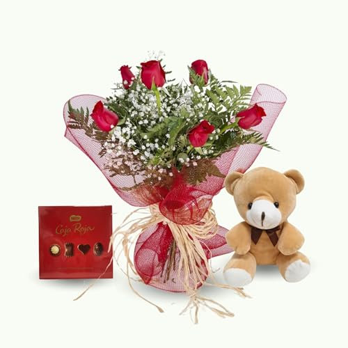 REGALA UNA FLOR | Ramo de 6 rosas naturales a domicilio | Entrega en 24 horas | Con caja de bombones, osito y tarjeta de dedicatoria personalizada
