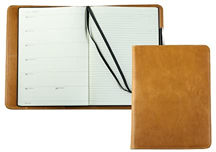 DELMON VARONE - Personalisierbares Kalenderbuch 2027 DIN B5 Anilin Leder braun - Buch-Kalender Wochenplaner (1 Woche 1 Seite) - Notizbuch Kalender Stiftschlaufe, Einschubfächer & Merkband