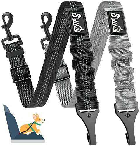SlowTon Hunde Sicherheitsgurt für Auto, 2 Stück 53-70cm Verstellbarer Anschnallgurt, Gewicht hält bis zu 50 kg, Hundegurt mit Elastischer und Karabiner, für Kofferraum Rückbank Isofix Schwarz+Grau