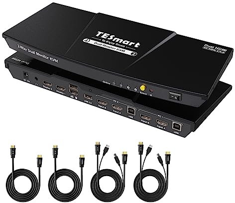 TESmart KVM Switch 2 Monitors 2 Computers 4K@60Hz, HDMI Dual Monitor KVM with USB 2.0 Hub, EDID Emulators, Hotkey/Button Switching, HDCP 2.2, L/R Audio, with All Input Cables