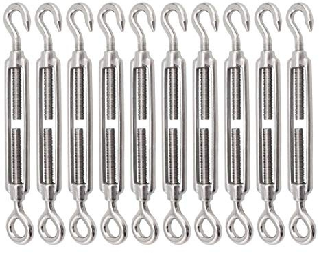 Turnbuckle Lsqurel 10PCS 304 Stainless Steel Turnbuckle Hook and Eye Heavy Duty M4 M6 M8 M10 Tensioner Adjustable Shade Sail Hardware for Tightening up Metal Cable Wire 5/32 1/4 5/16 3/8