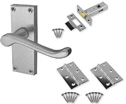 Jiyo.Outdoor Victorian Scroll Latch Door Handles in Satin Brushed Chrome with Hinges & Latches Pack - 1 Set - 120mm x 40mm Backplate