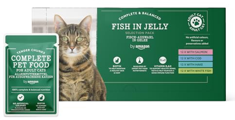 by Amazon Katzenfutter, nass, getreidefreies, für ausgewachsene Katzen, Fisch-Auswahl in Gelee, 4,8 kg (48 Packungen à 100 g)