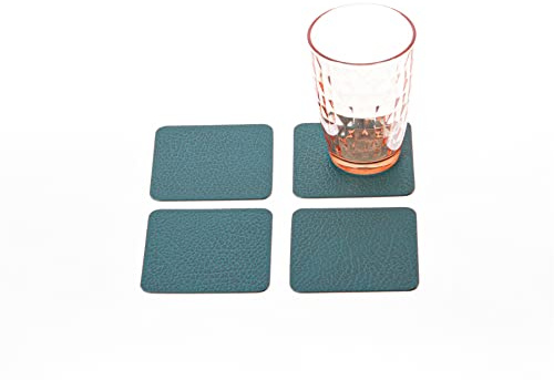 Nikalaz Untersetzer, Set von 4 Untersetzer Gläser, Glasuntersetzer, Getränkeuntersetzer, Recyceltes Leder, 10 x 10 cm (Petroleumgrün)