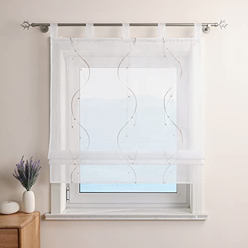 ESLIR Tenda a pacchetto con passanti, da cucina, in voile, trasparente, moderna, con ricamo, beige, 80 x 140 cm (larghezza x altezza)