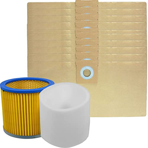 SPARES2GO Filter Cartridge + 10 Dust Bags + Foam Sleeve for Titan TTB350 TTB351VAC TTB430VAC Wet & Dry Vacuum Cleaners