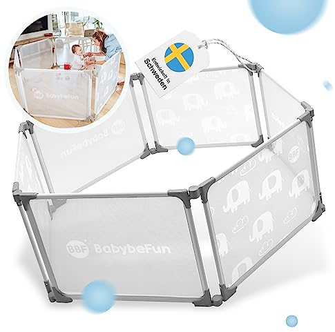 BabybeFun Laufstall Baby – 6-teilig & erweiterbar – Laufgitter Baby aus Stahl mit weicher Stoffummantelung - Laufstall faltbar & vielseitig einsetzbar (6-)