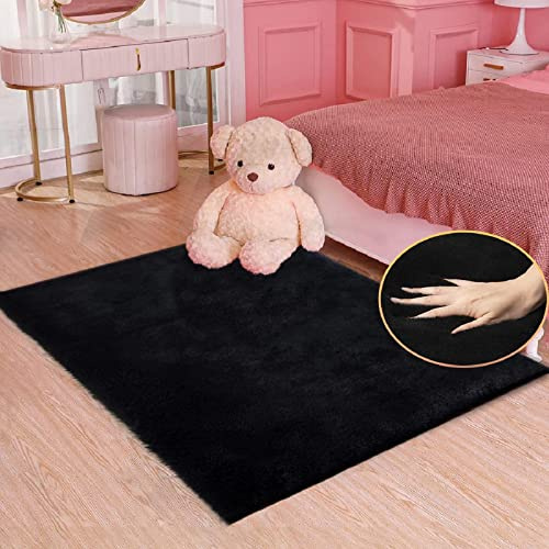 ORINOVA Teppich Schlafzimmer Waschbar Schwarz Flauschig 90x150 cm Bettvorleger Fellteppich Kunstfell Teppich Weich Wohnzimmer Kinderteppich Rechteckig