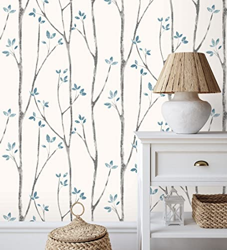 GAULAN 500680946 Papier peint branches d'arbres nordiques avec des feuilles bleu pour mur salon cuisine bain chambre couloir salle à mange tête de lit - Échantillon DIN A4