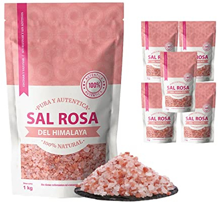 Sal Rosa Gruesa de Himalaya - 1 Kg - 100% Natural y Pura, Rica en Minerales Esenciales, Sin Aditivos, Para Cocina y Salud (6 pz)
