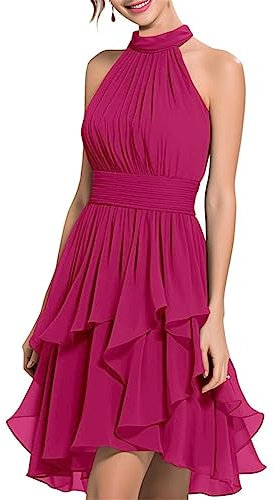 Vestidos cortos de dama de honor para mujer, vestidos de fiesta formales plisados de gasa, fucsia, 60