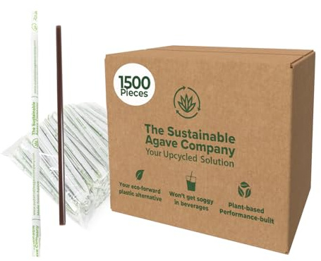 Sustainable Agave Co - Agave Fiber Invidivually Wrapped Drinking Straws - 1500 Count - Plant-Based, Made With Upcycled Materials, Reusable - Brown, Regular, 8