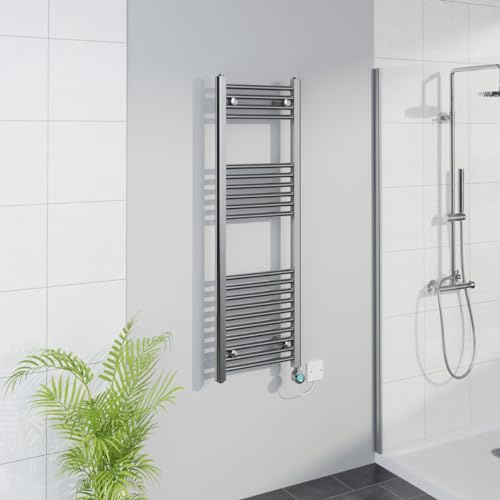 Warmehaus WiFi Electric Bathroom Straight Radiator Timer 1200x400mm Chrome | Thermostatic, Smart LCD Display, Child Lock, T Piece, Prefilled, Electric Heated Towel Rail Warmer, Energy Efficient
