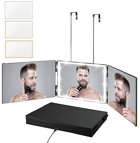 Vanexiss 3-Wege-Spiegel mit Lichtern, 360-Grad-Spiegel mit 3-Farb-Licht, wiederaufladbar, faltbar, Haarschnitt-Spiegel mit höhenverstellbarem Haken für Selbststyling und Friseur-Make-up, Rasur