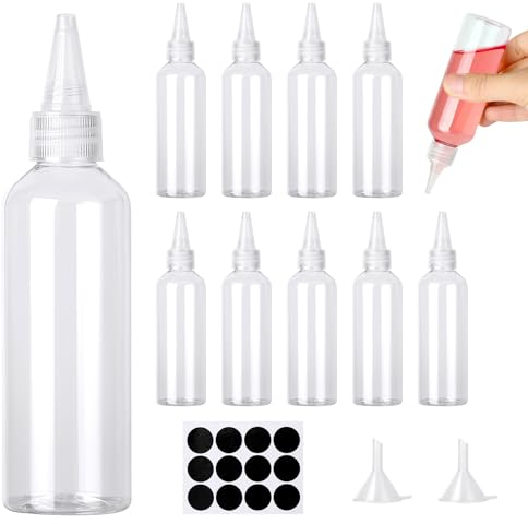 Amentalove 12PCS 100ml Bottiglia Squeeze di Plastica, Trasparente Bottiglie per Squeeze con Tappi,Spremere Bottiglie di Plastica, Vuote Condimento Dispenser con Imbuti per Liquidi Olio Ketchup Senape