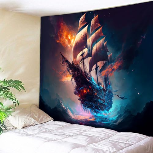 Arsey Geist Piratenschiff Wandteppich Meer Landschaft Wandtuch Ozean Segelboot Wand Teppiche Psychedelic Aesthetic Deko Schlafzimmer Wohnzimmer Partydekoration, 200x150cm
