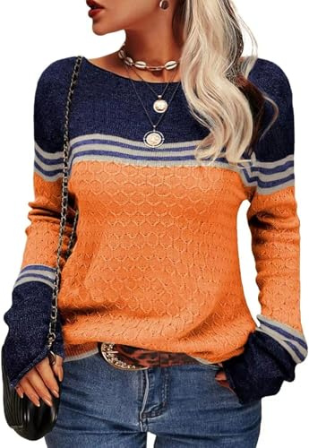 Yutdeng Pull à Col Rond Rayé pour Femme Automne et Hiver Manches Longues Décontractés Chaud Tunique Maille Élégant en Laine Couleur Patchwork Pull Tricoté Pullover Haut Tops,Orange,L