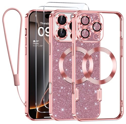 Kokio Glitter Magnetica Cover per iPhone 16 Pro Max con Cordino, Compatibile con MagSafe, Brillantini Sottile Silicone TPU Antiurto Custodia per iPhone 16 Pro Max con 2 Vetro Temperato Bumper, Rosa