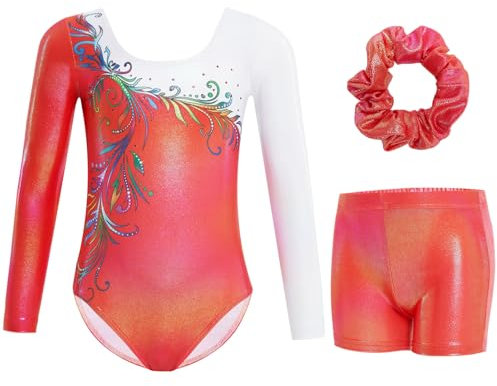 Gogokids Ensemble De Justaucorps de Gymnastique a Manches Longues Trois Pièces pour Filles - Tenues de Gymnastique pour Enfants avec Design a Sequins Dégradés, Unitards de Ballet pour 6-7 Ans